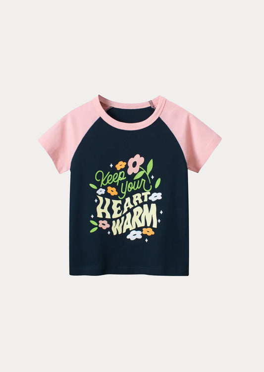 Warm Heart Raglan Tee | Short Sleeve Pink Black