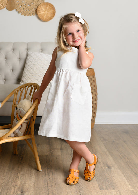 Girls Rustic White Cross Strap Linen Dress