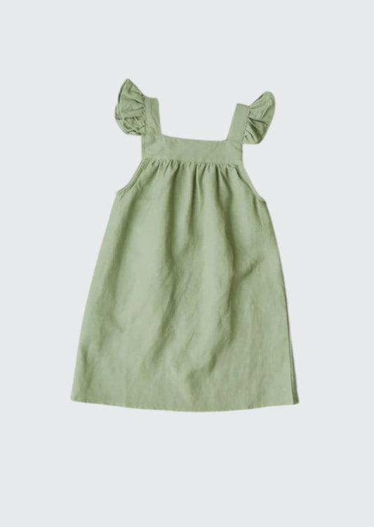 Girls Green Rustic Country Linen Dress